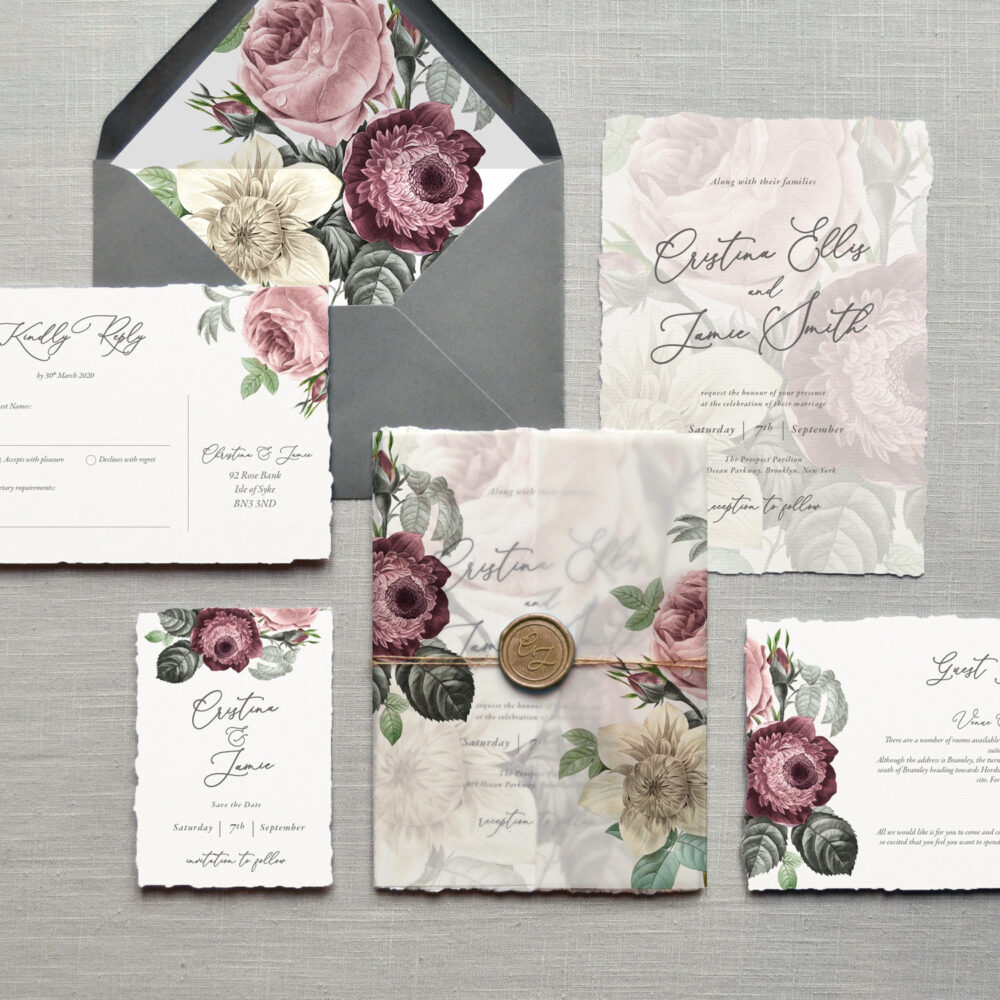 Wedding Invitation - Diana Luxury Floral. & Save The Date. Torn Edge, Twine, Vellum Wrap, Wax Seal, British Vintage Flowers Wedding Invites