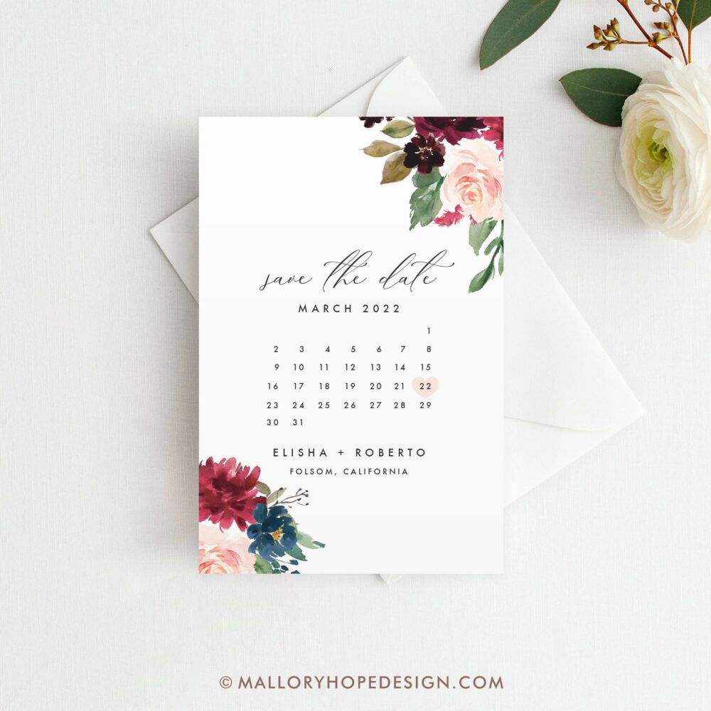 Printed Floral Calendar Save The Date, Marsala Date Magnet, Postcard Calendar, Flowers