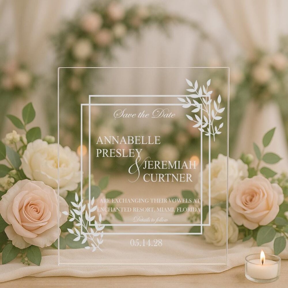 Blush Floral Acrylic Save The Date | 5.25x5.25 Clear Wedding Invite Romantic Modern Engagement Keepsake Custom Sign