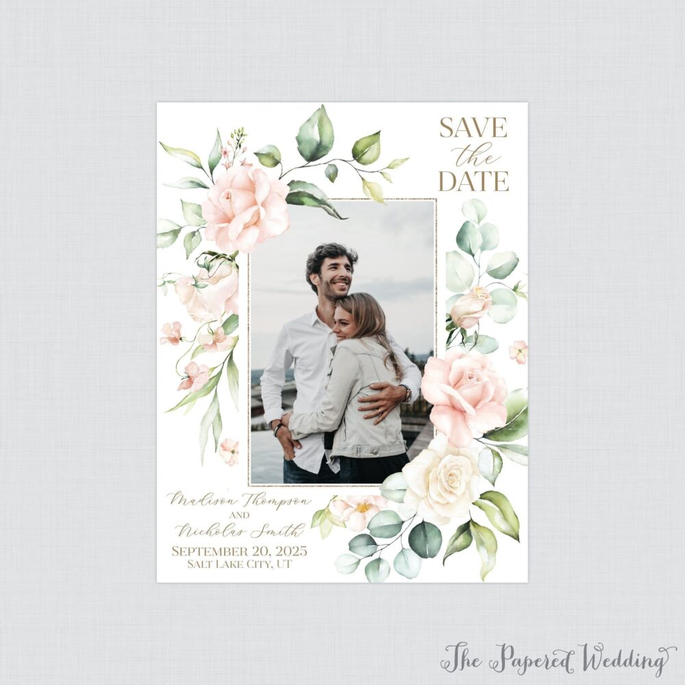Printable Or Printed Pink Floral Photo Save The Date Cards - & White Rose Flower Picture Our For Wedding 137