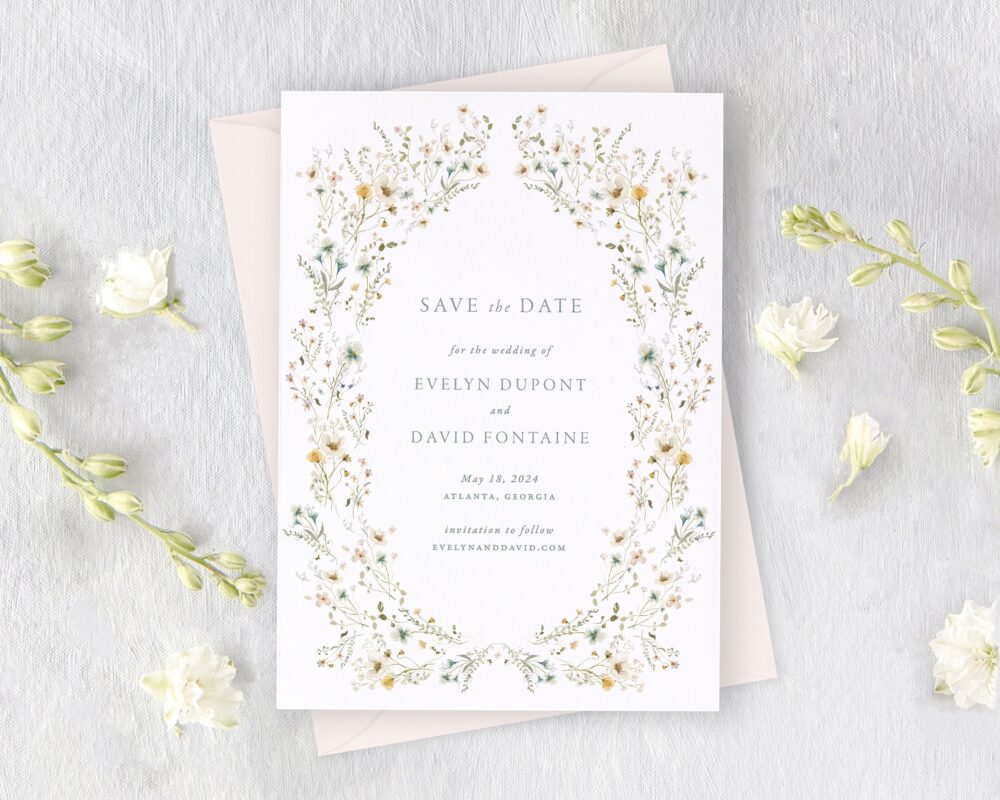 Floral Wreath Save The Date Cards, Modern Dates, Wildflower Wedding Date, Printed | Evelyn