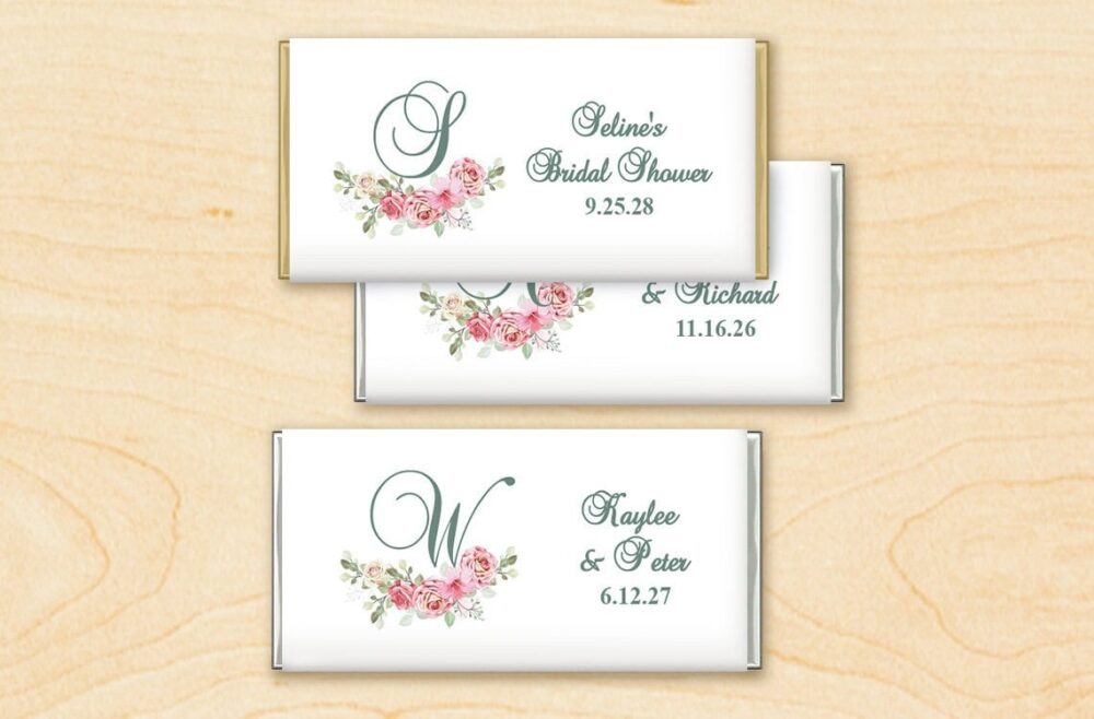 Set Of 12 Wedding Party Favors, Initial Pink Flower Personalized Chocolate Bar, Wrapper With Hershey Dm738