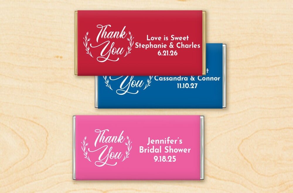 Set Of 12 Wedding Favors, Thank You Wreath Personalized Wrapper With Hershey Chocolate Bar, Favors Dm121
