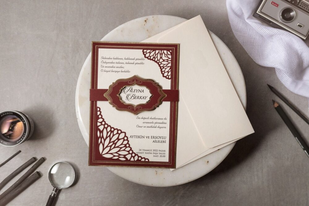 Burgundy Belted Wedding Invitation, Invitations, Elegant Gold Glitter Invitation