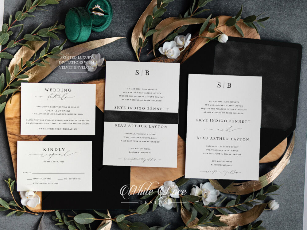 Luxury Velvet Black Wedding Invitation, & White Elegant Wedding, Classic Velvet, Glam Invite
