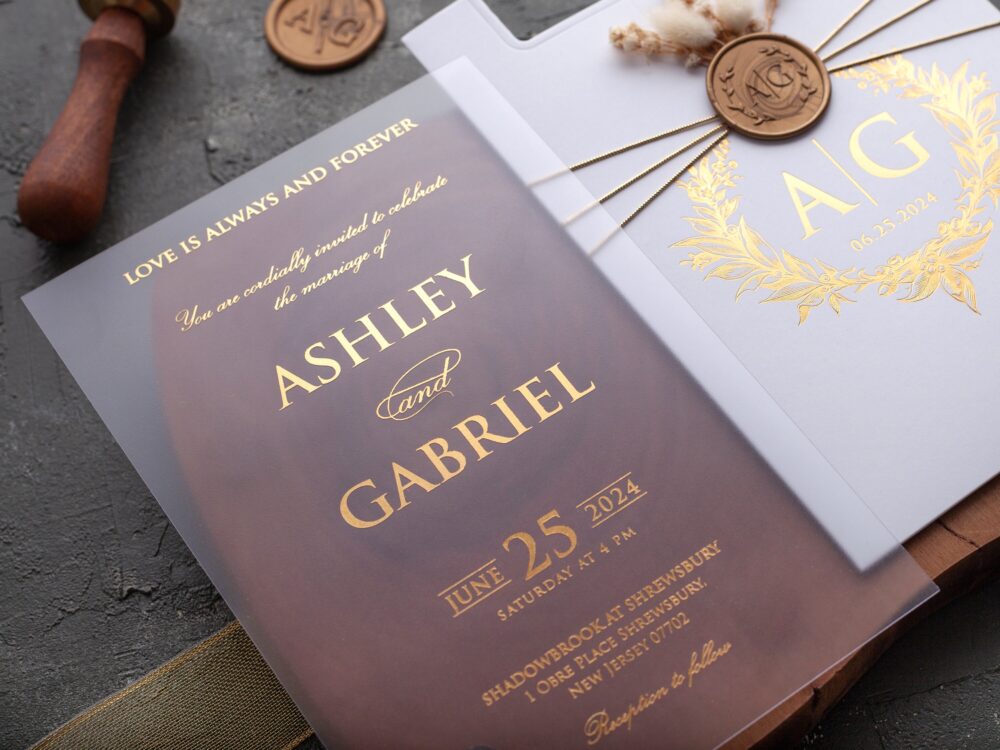 White & Gold Acrylic Wedding Invitation, Personalized Invite, Elegant Foil Printed Invite