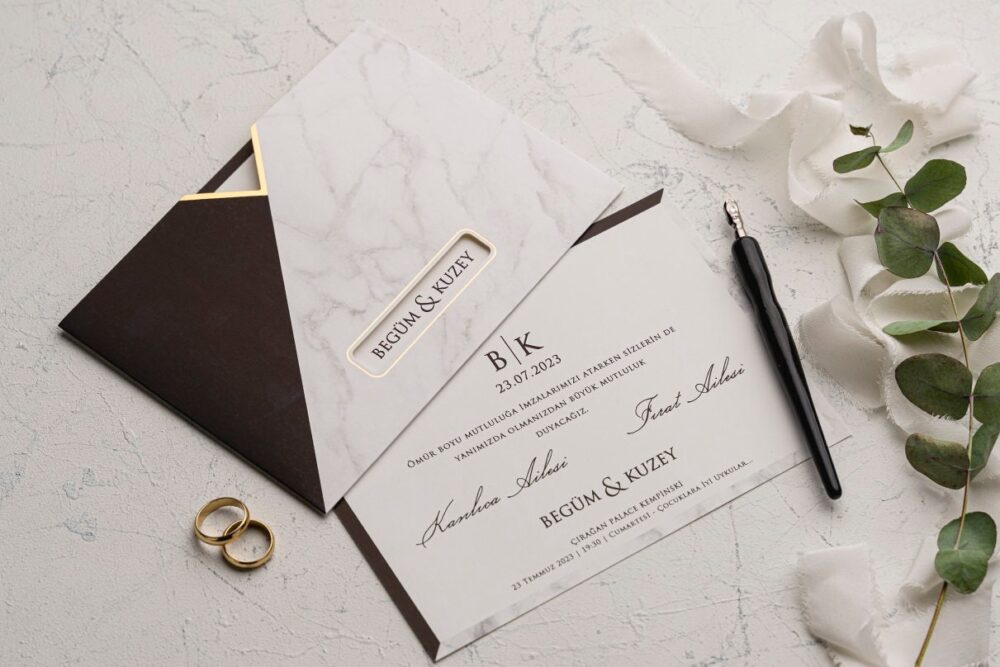 Coffee Wedding Invitation, Marble Patterned Elegant Diamond Gilding Invitation