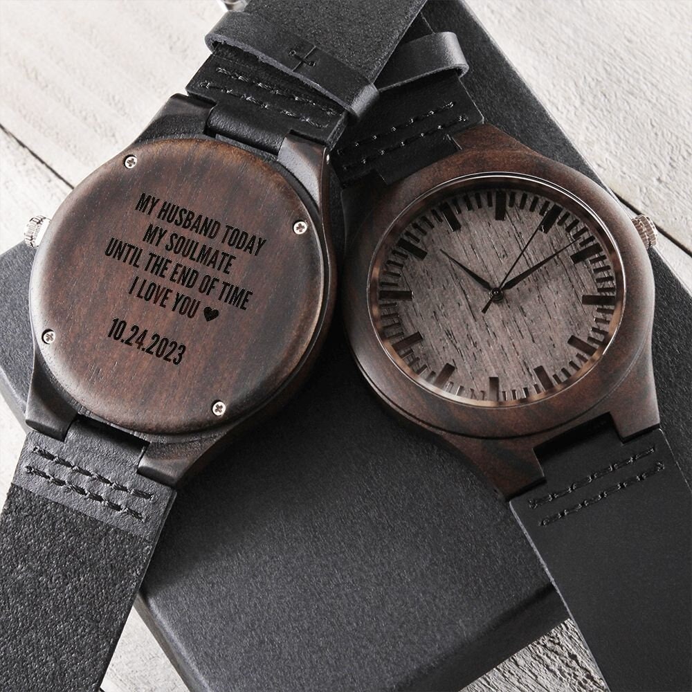 Groom Gift From Bride On Wedding Day, Engraved Mens Wood Watch, For Bride, Custom Future Husband
