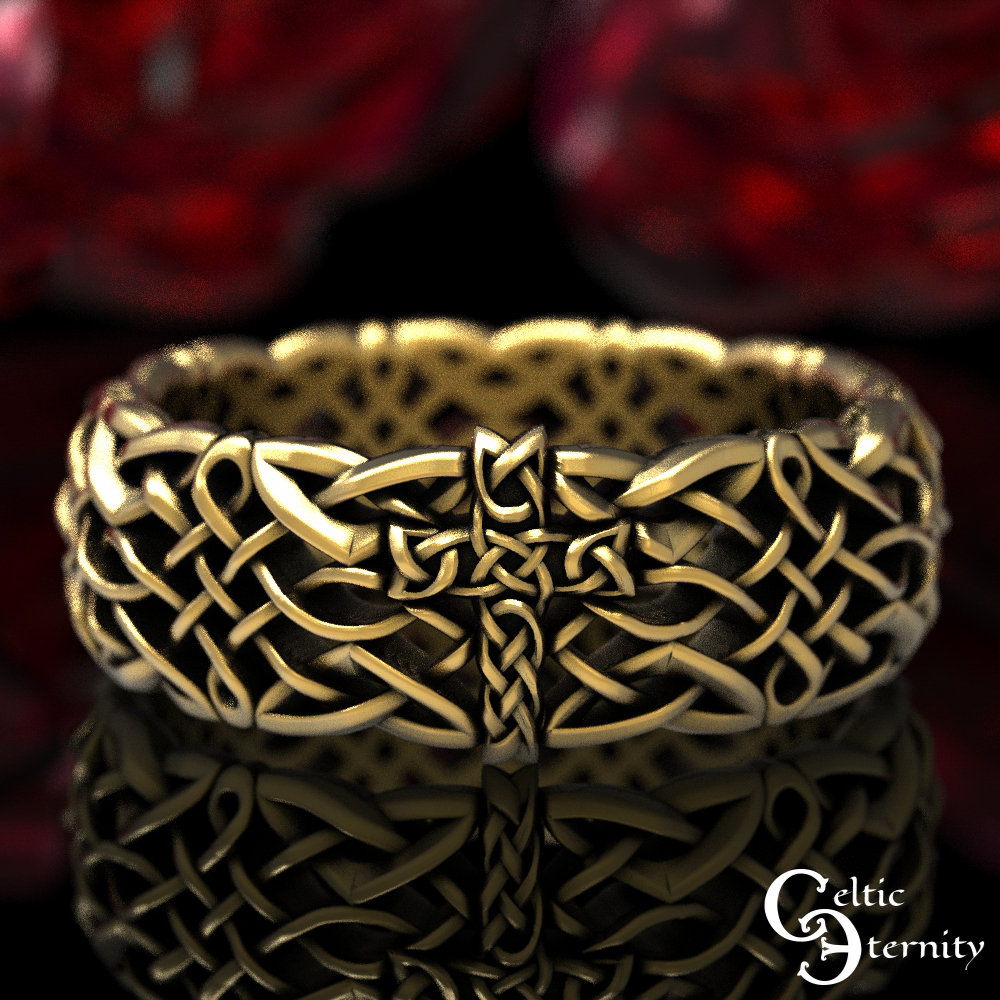 Mens Gold Cross Ring, Irish Celtic Men Wedding Band, 14K 10K 1873