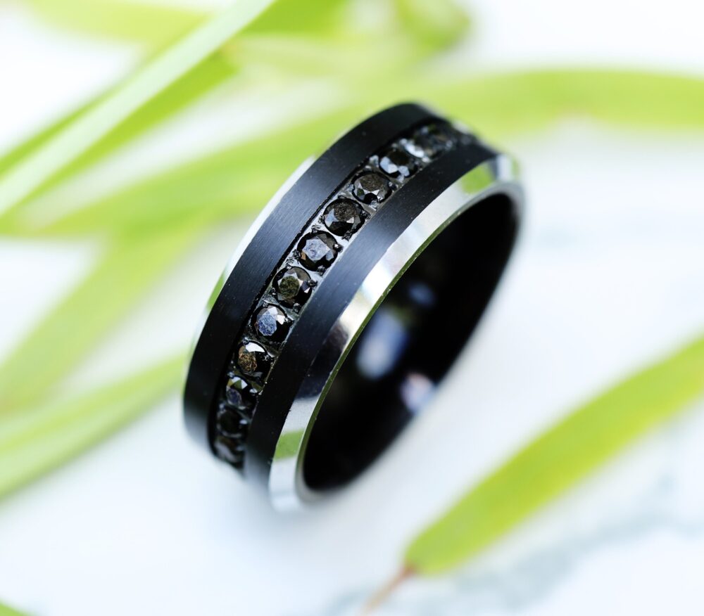 Men's Beveled Silver & Black Tungsten Wedding Ring, Diamond Band, Sapphires Engagement Ring Polished Edges 8mm