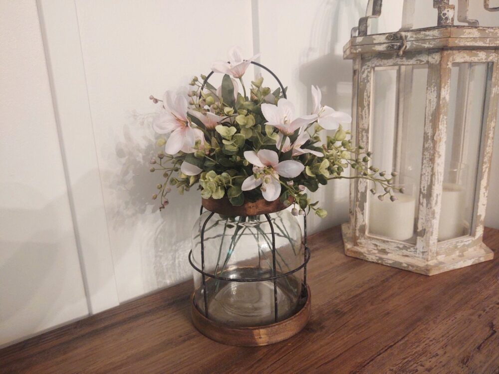 Wedding Centerpiece, Vase With Flowers, Rustic Candle Holder, Farmhouse Kitchen Bouquet in Glass Vase, Boho Decor, Wood & Lantern