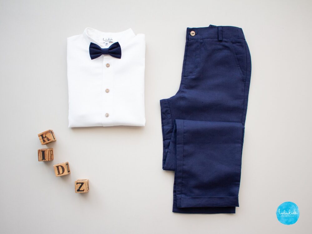 Sale - Size Us 10- Boys Ring Bearer Suit Wedding Outfit Communion 4Pc Blue Linen Outfit Pants + Shirt Blazer Bow Tie
