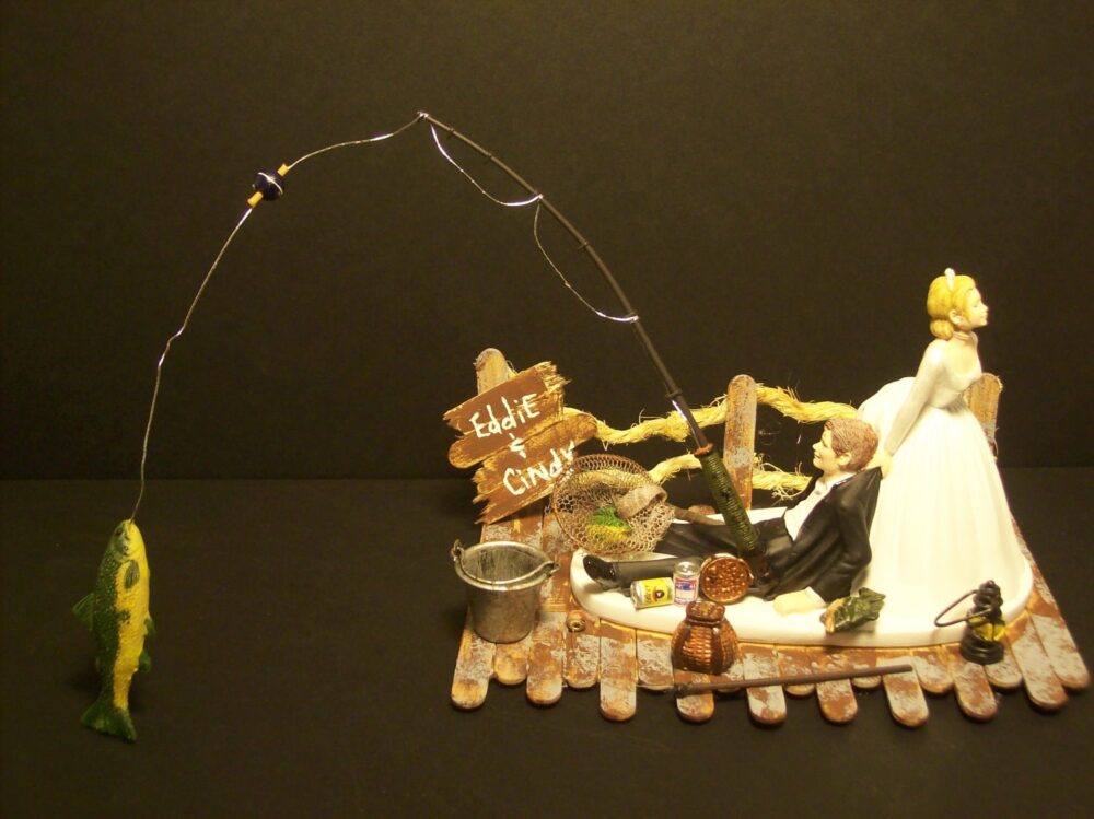 No Fishing On Dock Bride & Groom Wedding Cake Topper Funny Sports