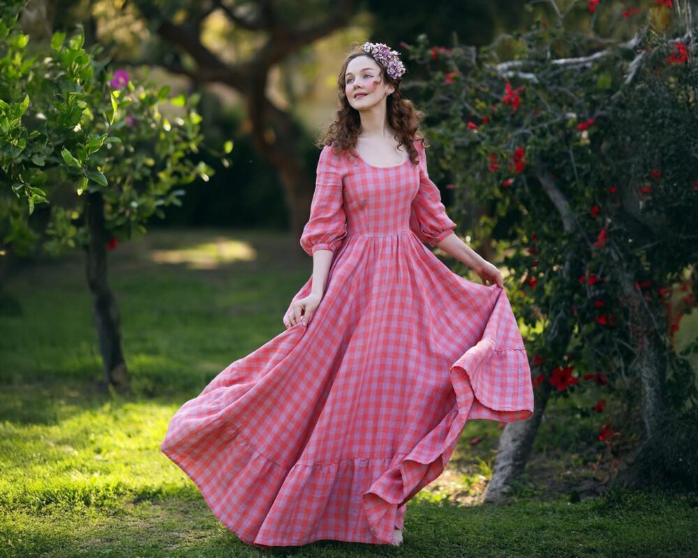 Wedding Guest Dress | Linen Clothing, Mother Of The Bride Dress, Pink Gingham Gown, Maxi Plaid Spring Style, 50S Carmen Dress