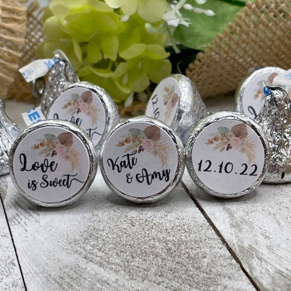 Boho Wedding Favor Stickers/ Chocolate Candy Custom Kisses Labels/ Personalized