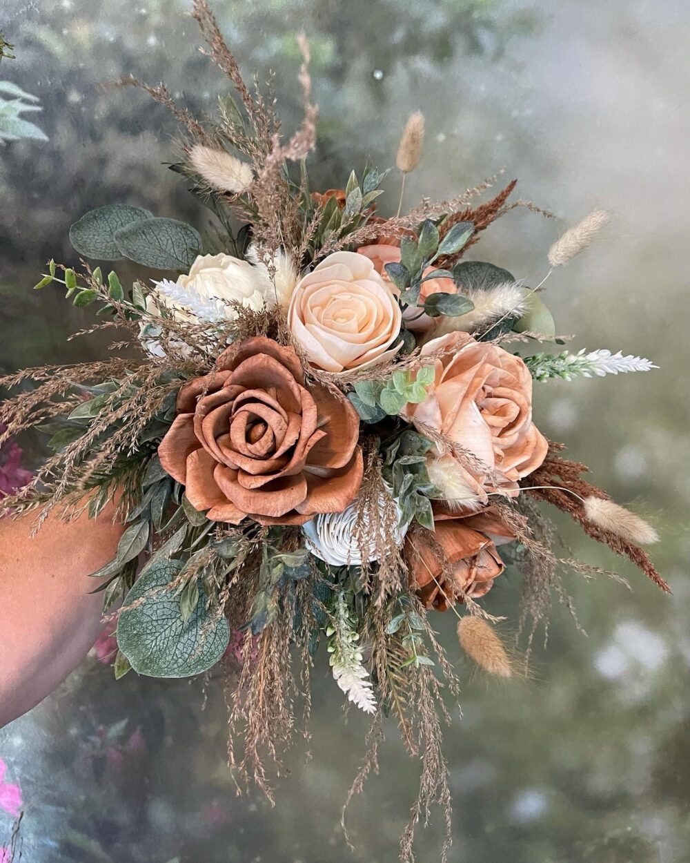 Tea Stained Rose Sola Wood Flower Fall Bouquet, Rustic, Boho Dusty Brown, Terra Cotta, Neutral Beige, Burlap Coil Stem Wrap | Adele