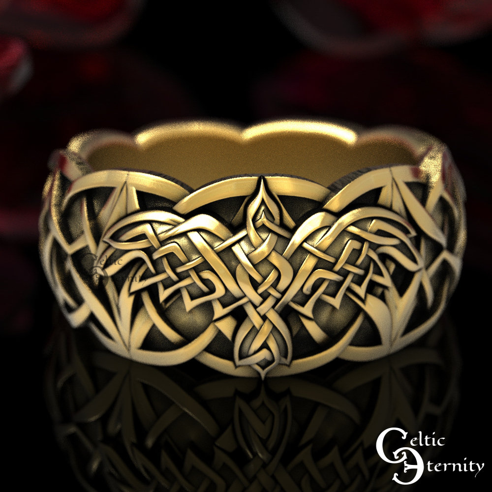 Gold Celtic Raven Ring, Wedding Band, Mens Platinum Knot Gothic Bird Viking Ring 1748