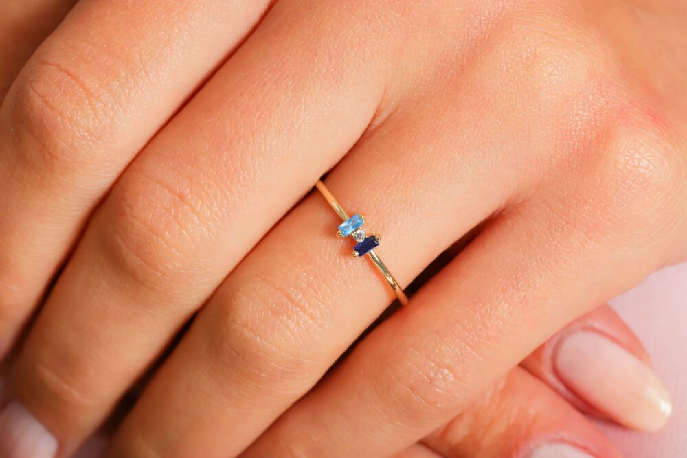 Dual Baguette Sapphire & Blue Topaz Ring - 18K Gold Double Family Birthstone With Thin Diamond Mother Daughter Summer Gift