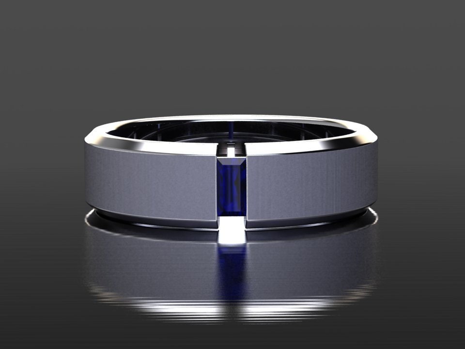 Mens Sapphire Wedding Band, Platinum 6mm Brushed Finish Center, Unisex, Blue Ring, Gift For Him