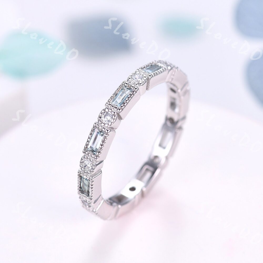 Vintage Baguette Cut Aquamarine Ring, Aquamarine Jewelry, Eternity Diamond Wedding Band, Platinum Ring, Anniversary Gift For Her