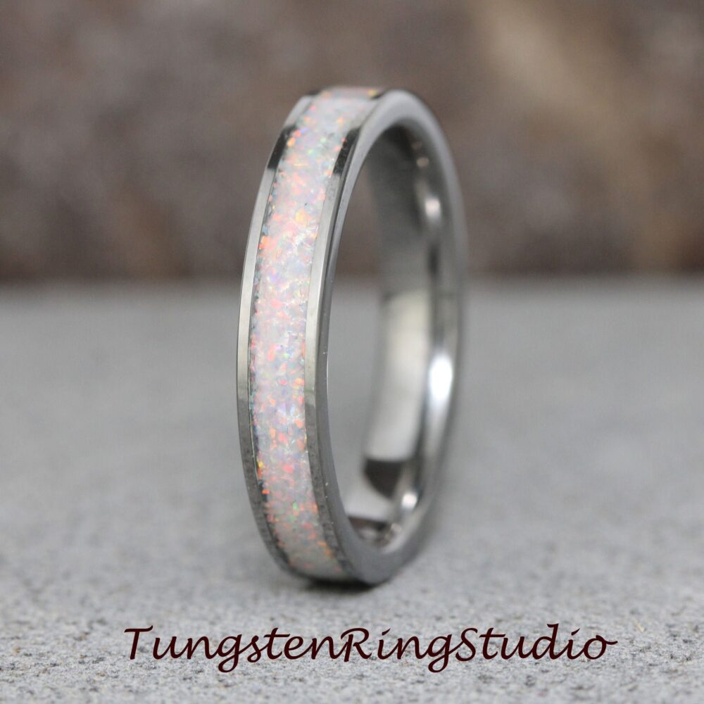 Crushed Fire White Opal Tungsten Wedding Ring Band 4mm Minimalist Stackable Anniversary Gift For Her