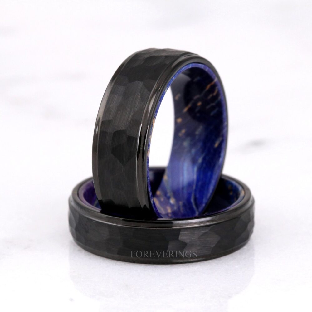 Man Wood Wedding Band, Hammered Black Tungsten Ring, Blue Wood, & Brushed Matte, Flat, Unique Anniversary Gift For Him