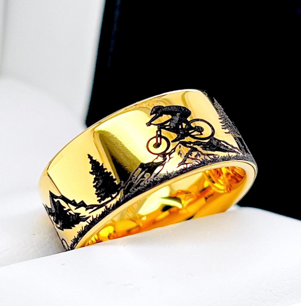 Cyclist Wedding Band | Mountain Forest Landscape Engraved Tungsten Ring Yellow Gold Bike Ride Gift For Cyclists