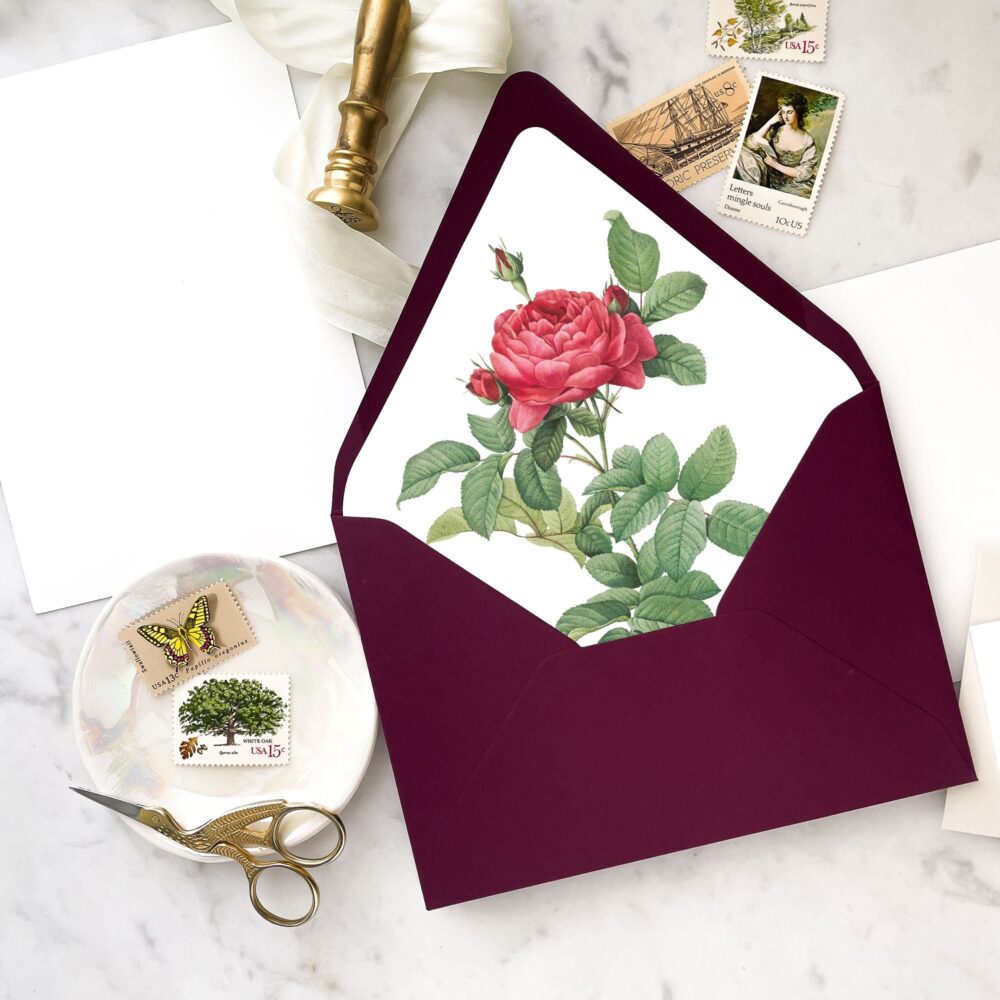 Red Rose Flower Wedding Envelope Liner - Set Of 25, Printed Liners For Wedding Invitations