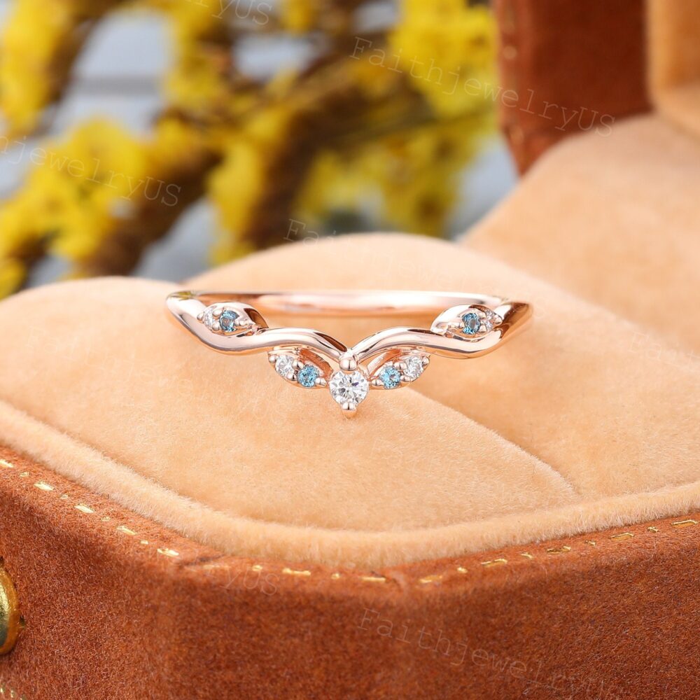 Vintage Diamond Curved Wedding Band Rose Gold Marriage Ring Unique London Topaz Wedding Promise Anniversary Bridal Gift For Her