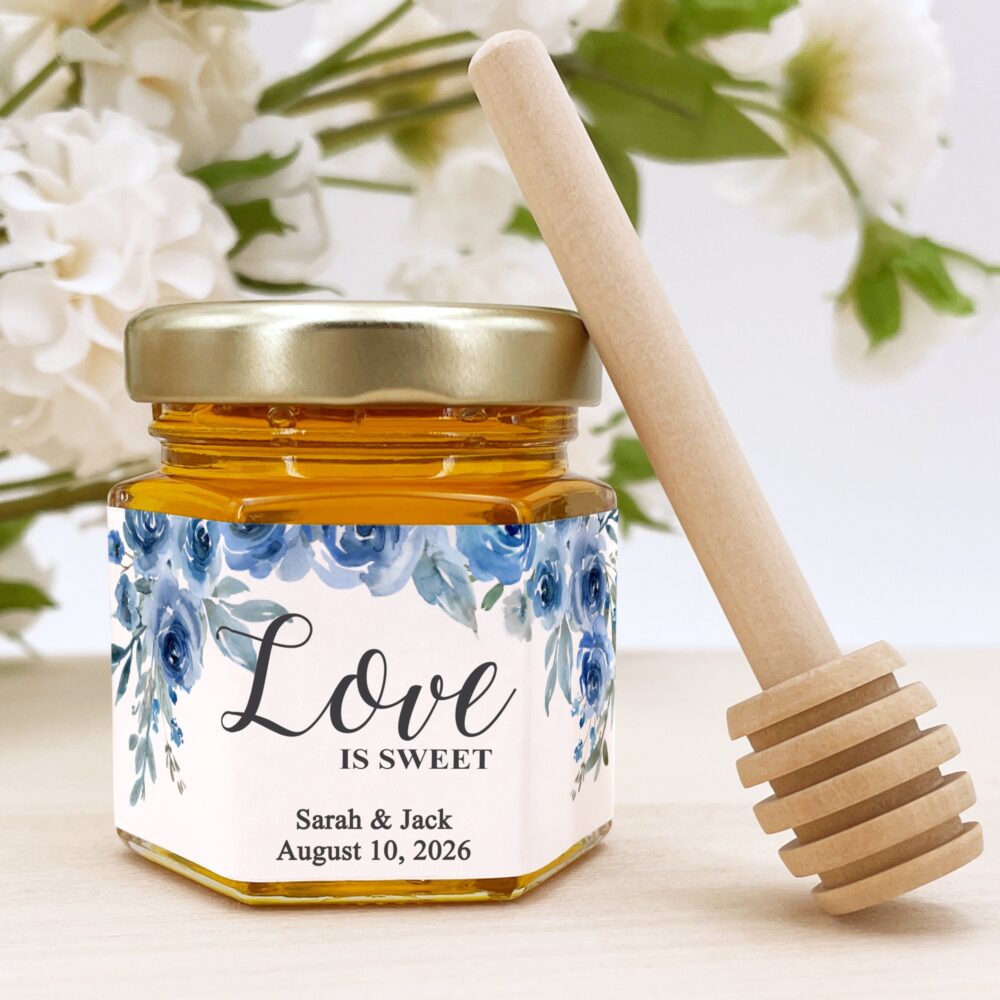 Honey Wedding Favors, Bee Themed Bridal Shower, Shower Mini Jar Blue Toile Favors