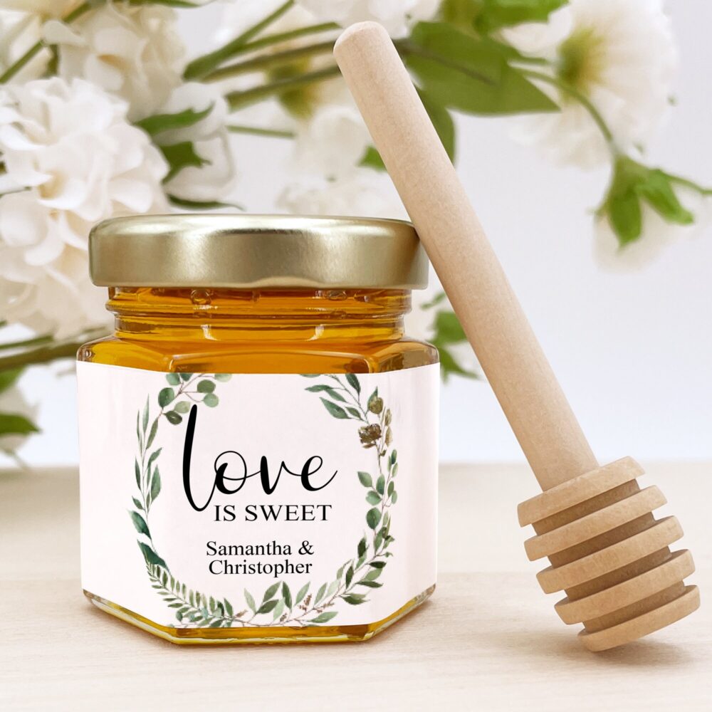 Honey Wedding Favors, Bee Themed Bridal Shower, Shower Mini Jar Green Wreath Favors