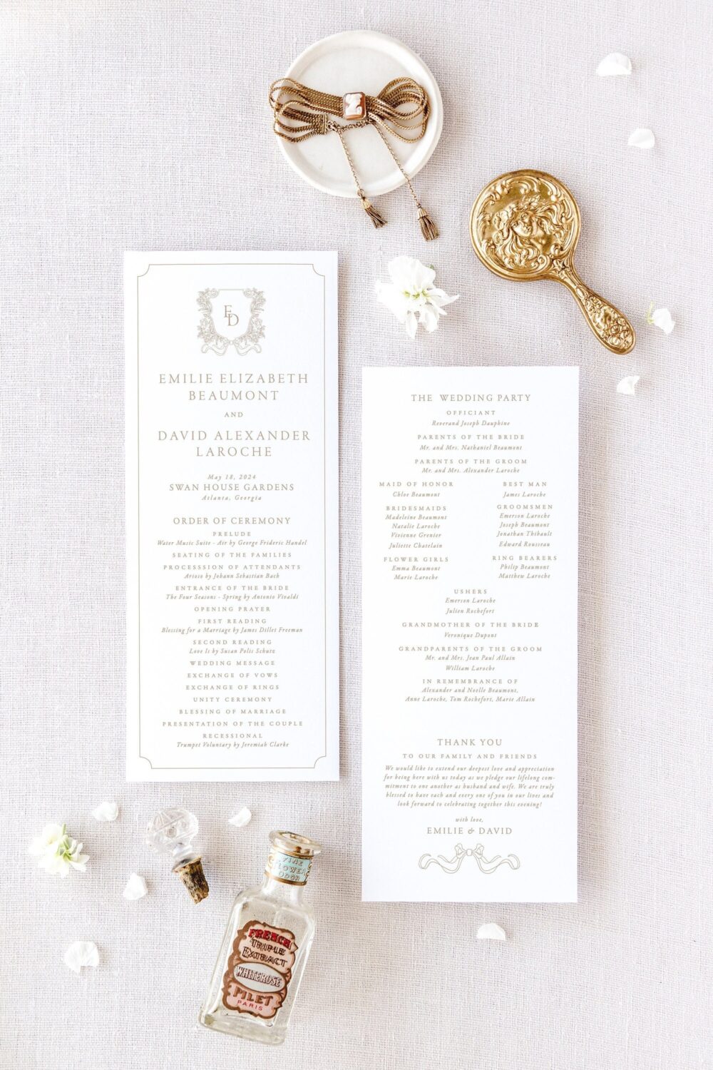 Blush Pink Wedding Program, Elegant Programs Printed, Monogram Ceremony Program With Crest, Order Of Service | Emilie