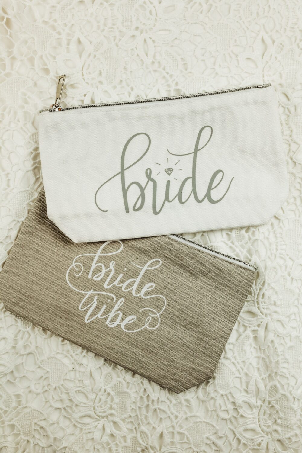 Bride & Bridesmaid Makeup Bags For Bridal Party Wedding Shower Bachelorette Gift Gray White "Bride Tribe" Canvas Day Bag