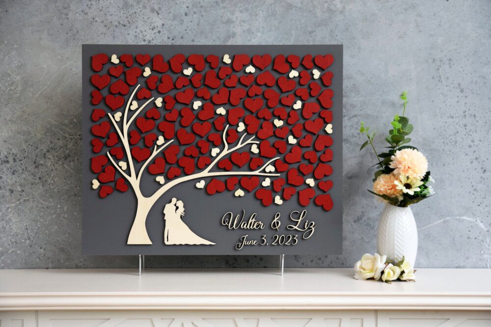 Red Wedding Guest Book Alternative Tree Wood Custom Unique Hearts Leaves Rustic Wedding Wooden Tree Of Life