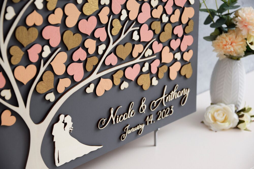 Gold Wedding Guest Book Alternative Tree Wood Custom Hearts Leaves Rustic Wedding Wooden Tree Of Life