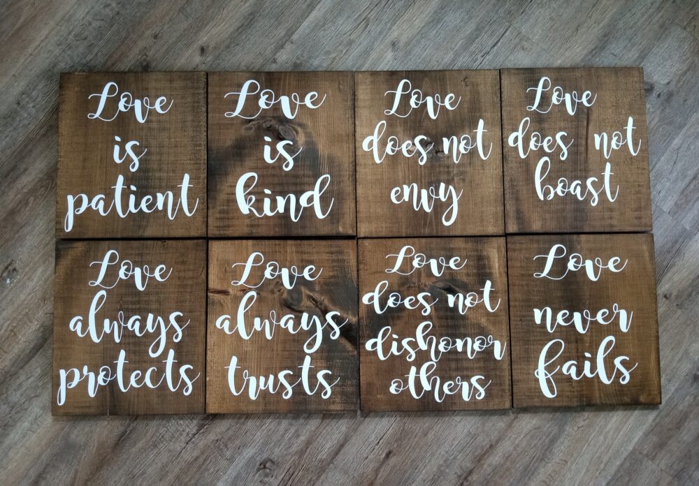 1 Corinthians 13 Rustic Wedding Aisle Signs, 8 Boards - Size 12x13, Love Is Patient, Love Kind, Never Fails-Dark Walnut Stain