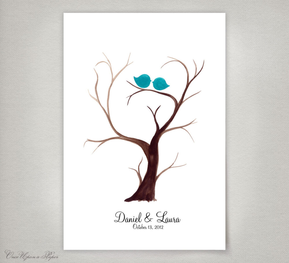 Custom Fingerprint Wedding Guest Book Alternative - Tree Trunk Ready Thumbprint Wedding Guestbook & Love Birds