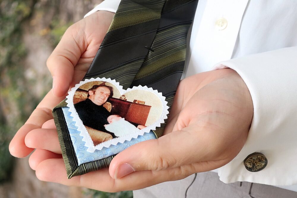 Custom Photo Tie Patch For Dad. Unique Father Of The Bride Gift From Bride. Heart Shaped Sew On Wedding Day Necktie With Picture