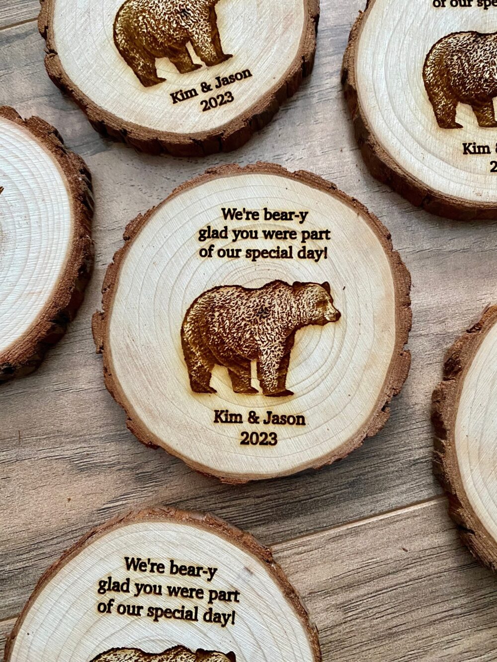 Custom Wood Slice Wedding Favors - Laser Engraved With Couple's Names, Date, & Bear