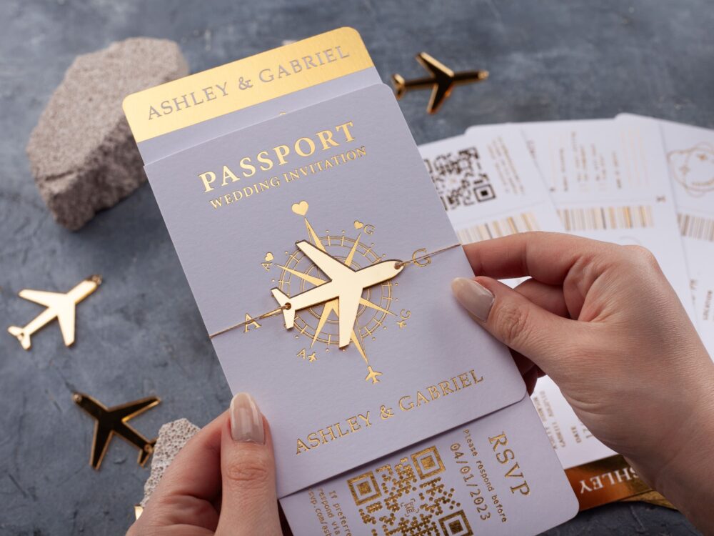 Passport Wedding Invitation - Gold Foil Destination Invite, Boarding Pass-style Save The Date