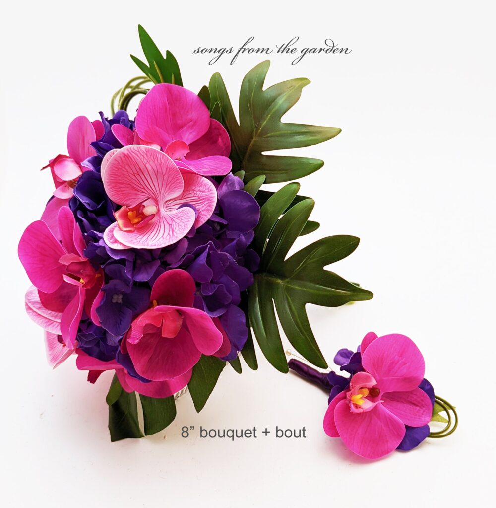 Tropical Wedding Bouquet Fuchsia Purple Real Touch Phalaenopsis Orchids Greenery Add Boutonniere Flower Crown Cake Flowers & More
