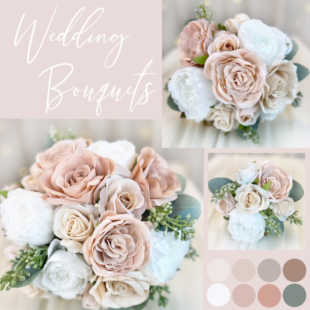 Taupe Wedding Bouquet Set With Mini Roses | Silk Bridal Bridesmaid Boho