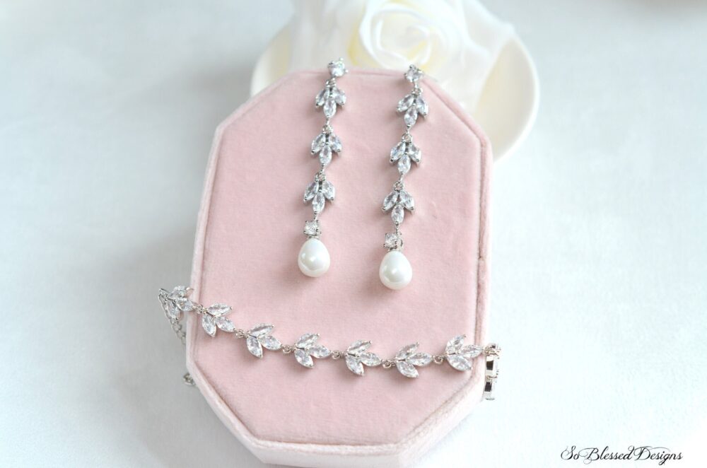 Pearl Wedding Earrings, Jewelry Set, Drop Bridal Crystal Leaf Bridesmaids Long Earrings