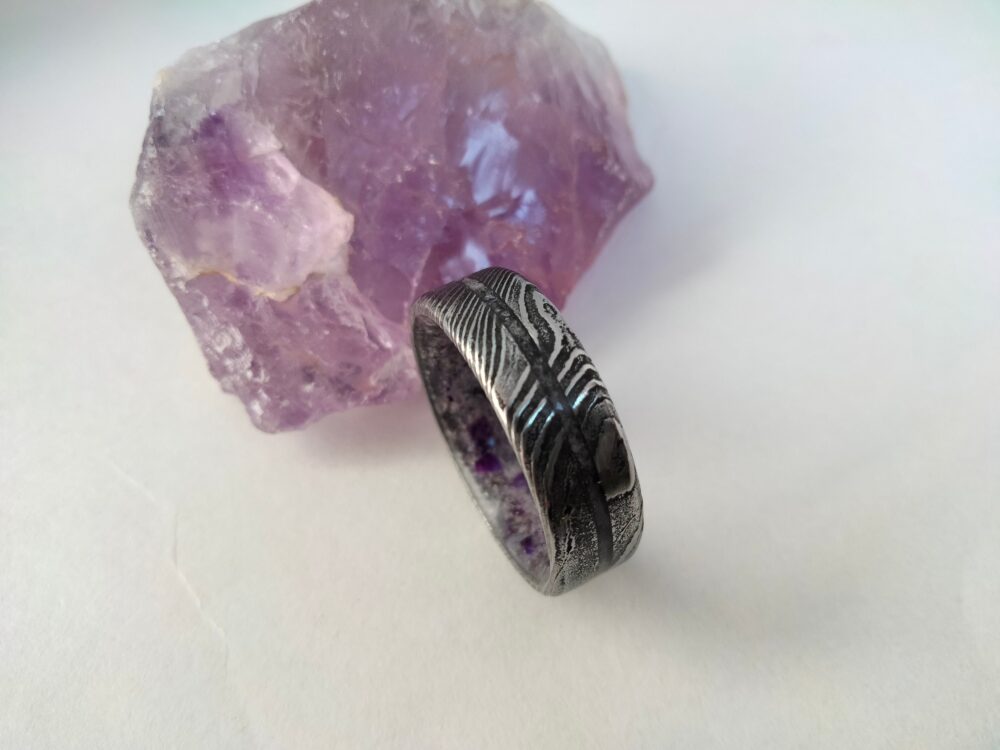 Mens Engagement Rings, Birthstone Ring Purple Amethyst Raw Crystal Ring, February Damascus Steel Wedding Band