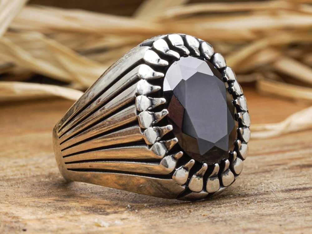 Men's Black Onyx Silver Ring - Handcrafted Medieval Style Perfect Birthday, Groomsman & Dad Gift Unique Birthstone Jewelry