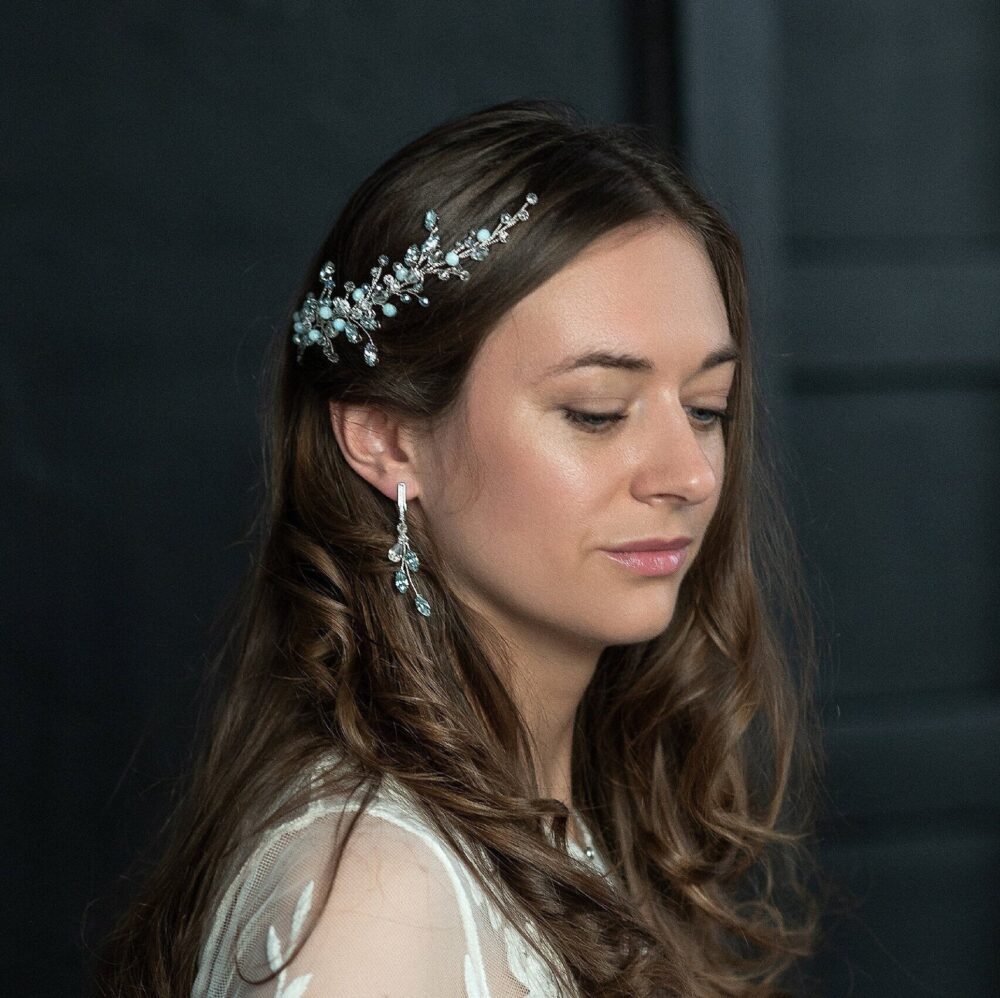 Teal Wedding Hair Vine Blue Crystal Silver Piece