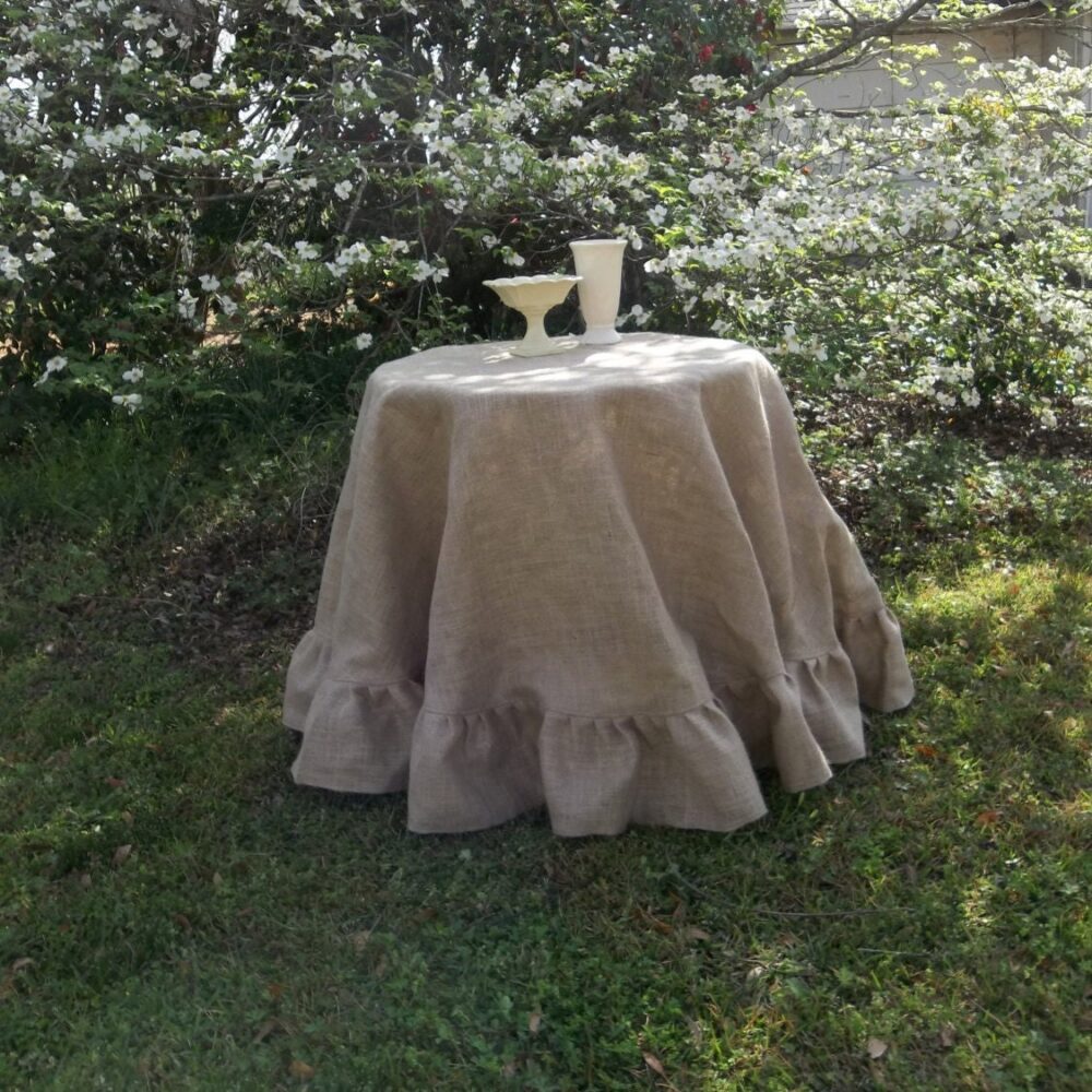90" Ruffled Burlap Tablecloth Handmade Floor Length French Country Wedding Decorations Table Decor Custom Sizes