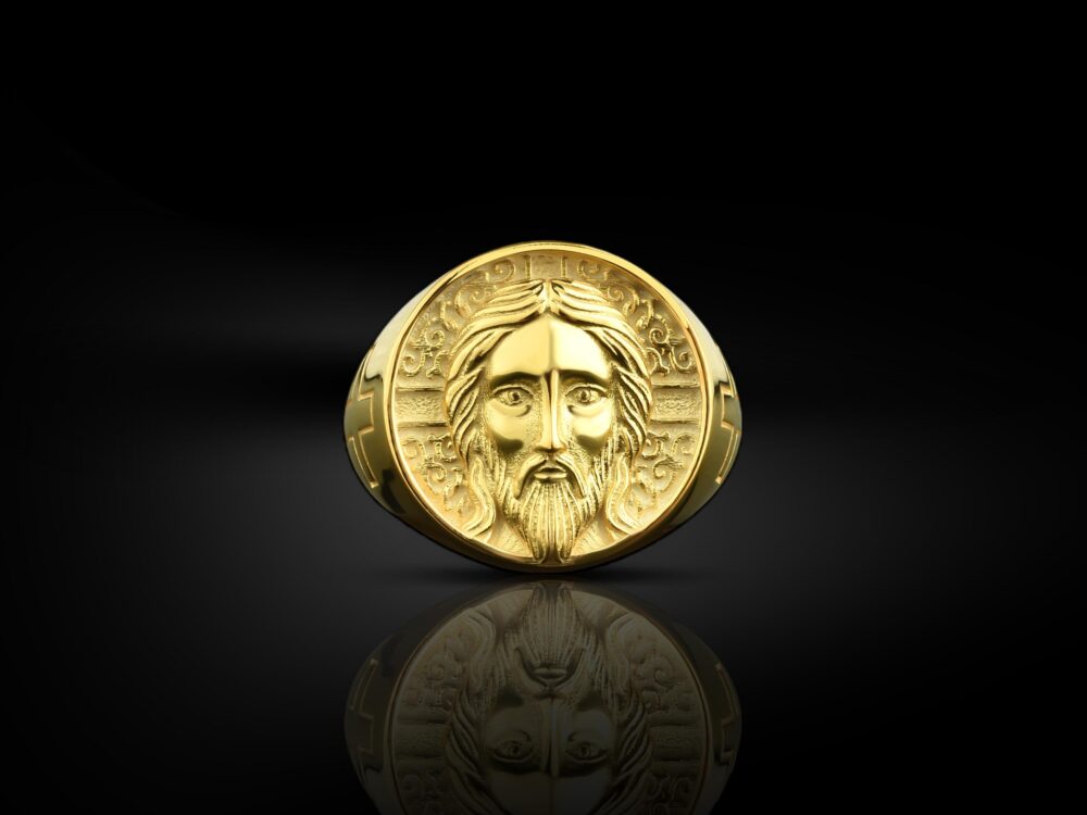 14K Gold Men Jesus Ring, Engraved Head Signet Unique 18K Ring For Dad, Extraordinary Gift, Wedding Gift
