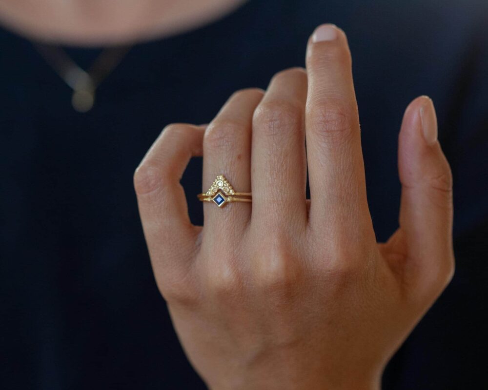 Bridal Ring Set, Sapphire Ring, Engagement Alternative Engagement Rings, Unique Gold Jewelry, Stacked Yellow Boho Set
