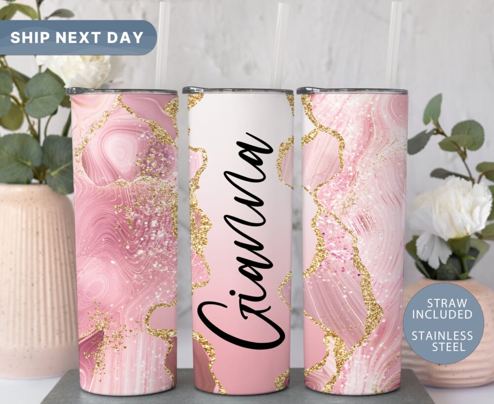 Pink Agate Personalized Glitter Name Tumbler With Straw Custom To Go Cup Birthday Gift For Her | Tm-8Pink